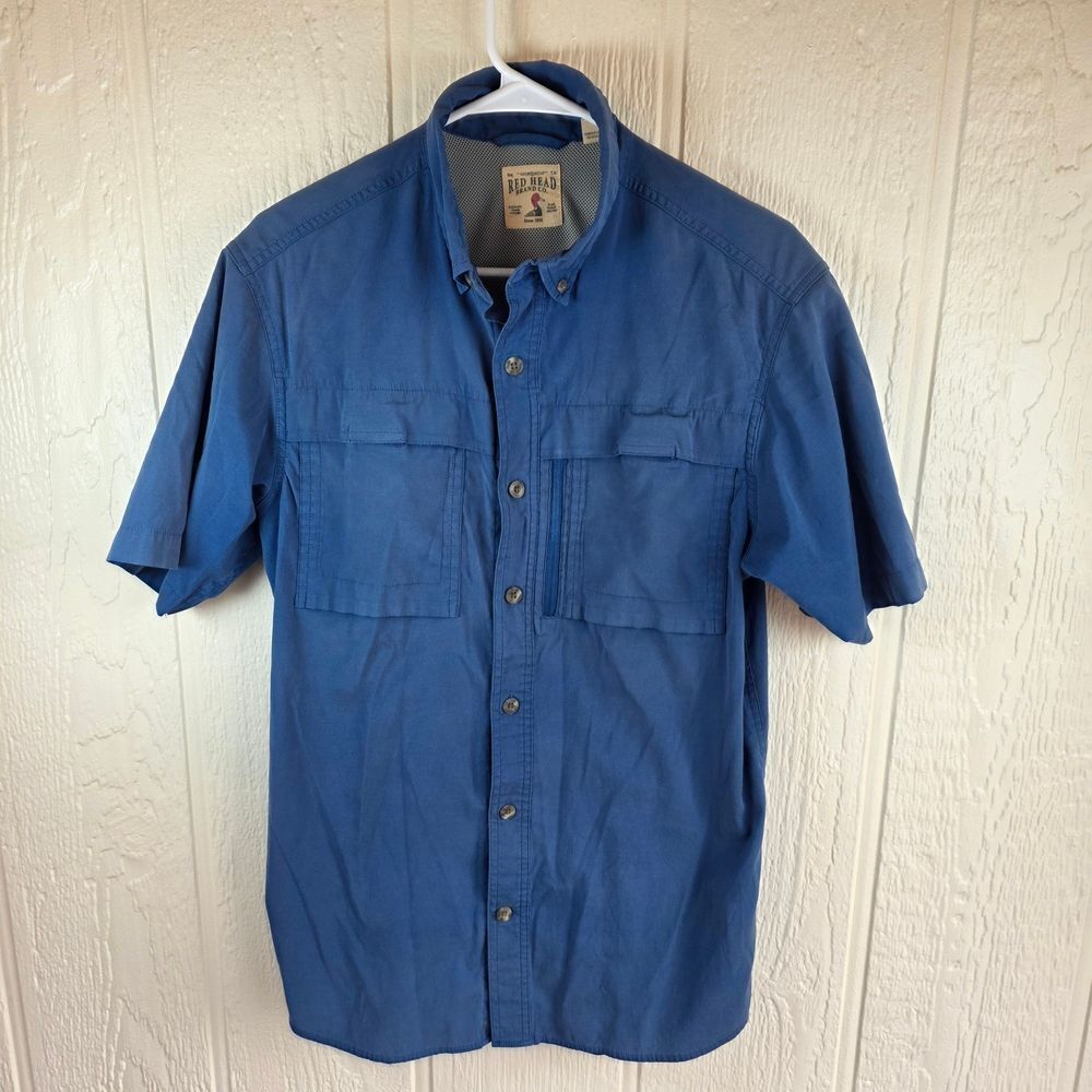 RedHead Men's Short Sleeve Blue Button Down Shirt, Size Medium